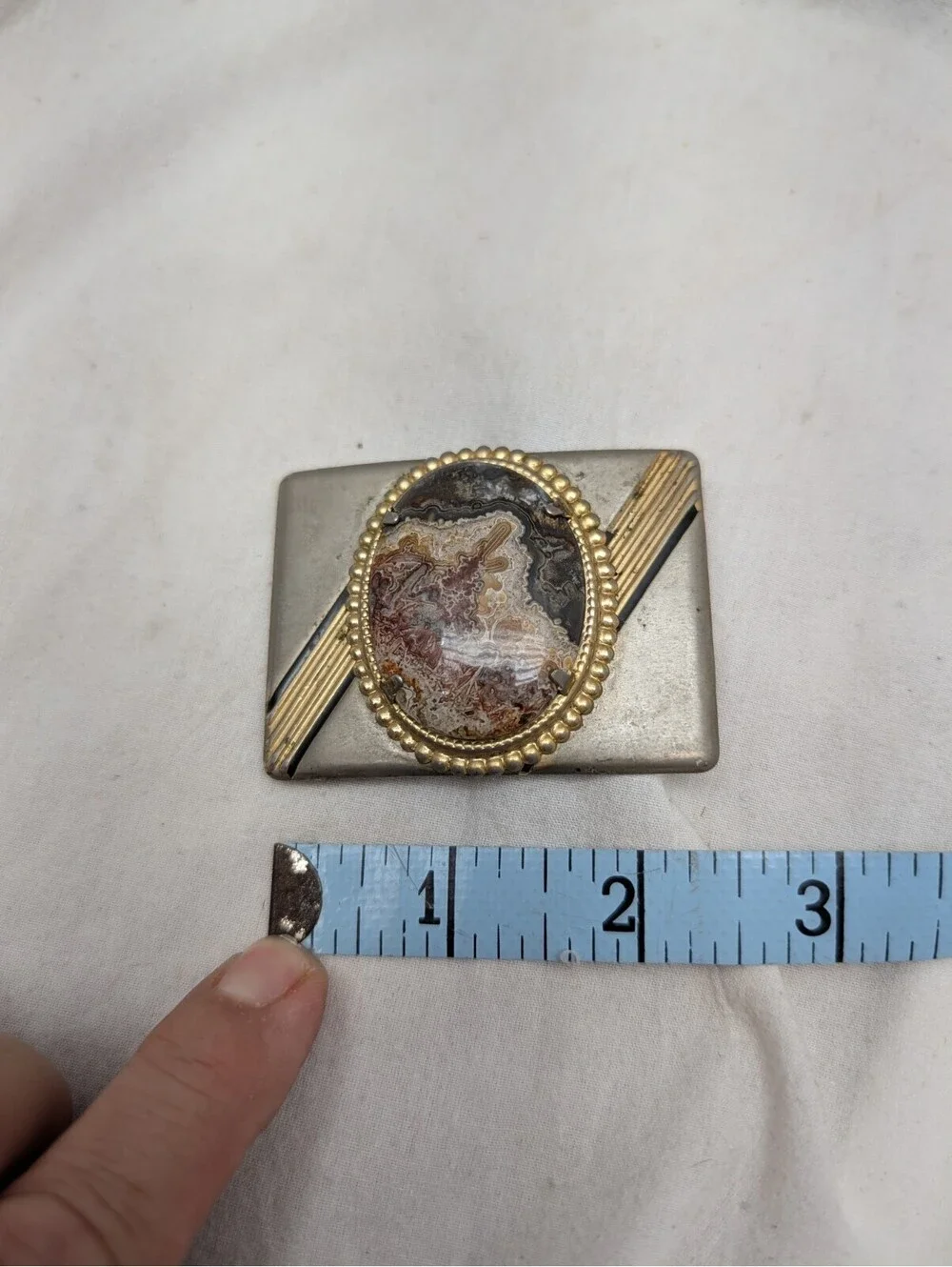 Unisex Belt Buckle, metal with a Brown & Cream-Colored Stone, 2 1/2